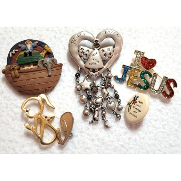 Religious Christian Brooch Lapel Pin Faith Jesus Praying Noah's Ark Lot of 6 - Picture 1 of 6